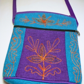 crossbody with blue and purple and leaves